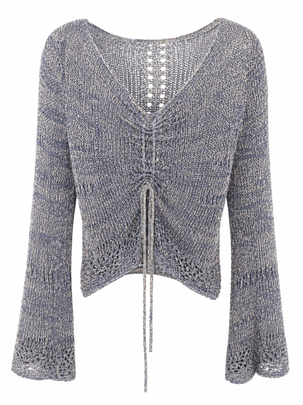 Free People Blue Sheer Knit Top Size XS Bell Sleeve Lightweight Boho Crochet Sty